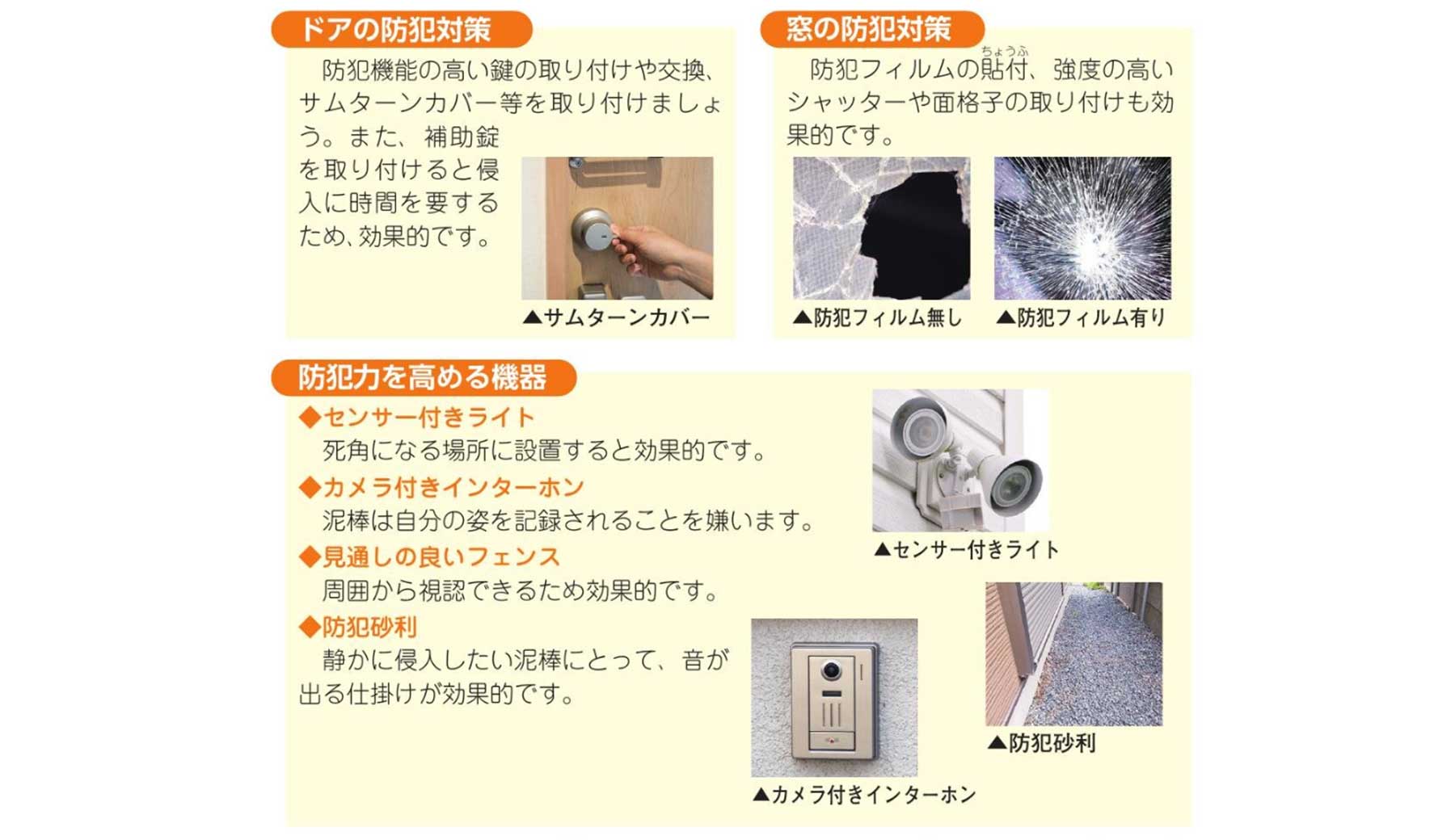広報いなぎ 令和8年9月1日号表紙より、防犯対策のポイントを示した図。ドアに対するサムターンカバー、防犯フィルム、センサー付きライト、カメラ付きインターホン、防犯砂利が紹介されている。