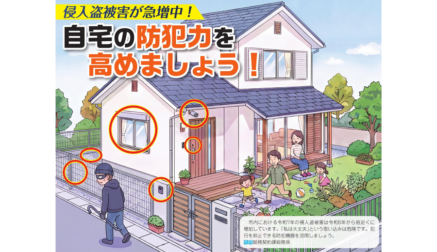 広報いなぎ 令和8年9月1日号表紙より、家屋の防犯対策のイメージ図。防犯カメラや防犯フィルムなど複数の防犯対策がなされている。