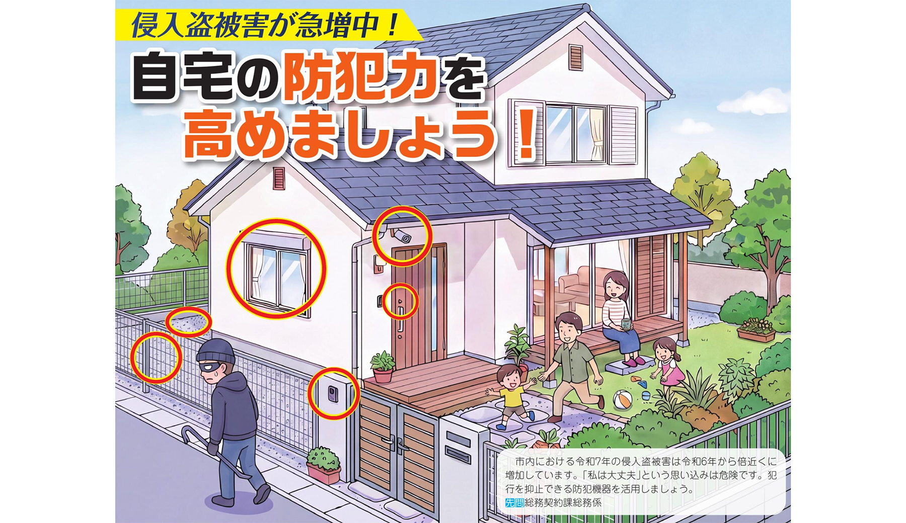 広報いなぎ 令和8年9月1日号表紙より、家屋の防犯対策のイメージ図。防犯カメラや防犯フィルムなど複数の防犯対策がなされている。